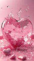 Shattered pink glass heart surrounded by smaller heart shapes on a soft pink background photo