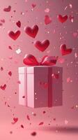 Valentine gift box surrounded by floating hearts and colorful confetti in a soft pink background photo