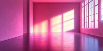 Bright pink interior space with large windows allowing natural light during the day photo