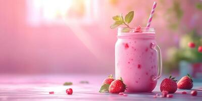 Fresh strawberry smoothie served in a glass jar on a sunny kitchen counter with vibrant colors and natural light photo