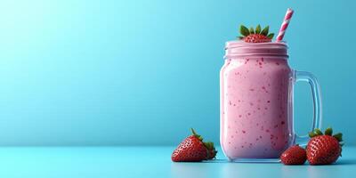 Fresh strawberry smoothie served in a jar glass with a striped straw and fresh strawberries on a blue background photo