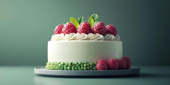 Beautifully decorated raspberry cake presented on a simple platter in a modern kitchen setting photo