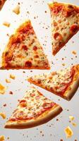 Slices of pepperoni pizza hovering mid-air with scattered cheese and crumbs in bright light photo