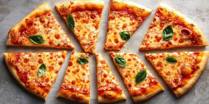 Freshly baked pizza with melted cheese and basil on a marble countertop photo