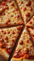 Freshly baked cheese pizza slices arranged in a circular pattern on a wooden surface photo