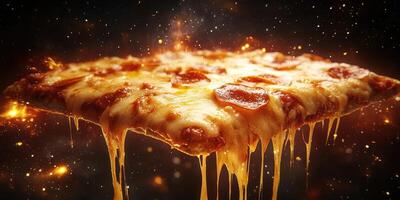 Delicious pepperoni pizza glistening with melted cheese surrounded by a cosmic backdrop photo