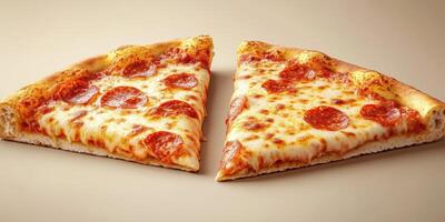 Two delicious slices of pepperoni pizza on a neutral background ready to be enjoyed at lunchtime or a casual gathering photo