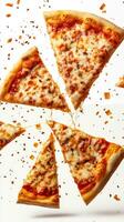 Delicious cheese pizza slices floating against a plain background with toppings and cheese pulling apart in the air photo
