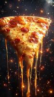 Delicious slice of pepperoni pizza with cheese stretching in a cosmic backdrop at night photo