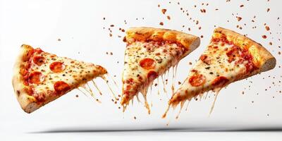 Slices of pepperoni pizza flying in the air with cheese stretching and crumbs scattering photo