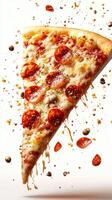 Delicious pepperoni pizza slice floating with toppings and cheese stretching in a visually appealing display photo