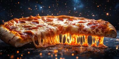 Melted cheese and pepperoni pizza on a glossy surface with a magical space background photo