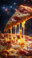 Delicious pepperoni pizza slice with gooey cheese in a cosmic backdrop surrounded by twinkling stars photo