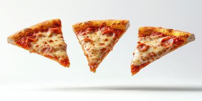 Slices of freshly baked pepperoni pizza suspended in mid-air against a bright background photo