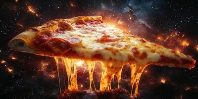Slice of pizza floating in a cosmic backdrop with melting cheese and pepperoni details photo