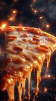 Melted cheese and pepperoni pizza slice with a dramatic backdrop of glowing particles and sparks photo