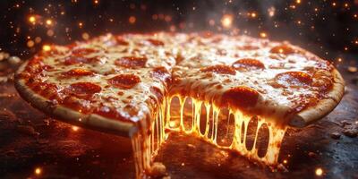 Delicious pepperoni pizza with gooey cheese and a crispy crust served hot at a festive gathering photo