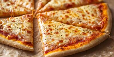 Slices of freshly baked cheese pizza served on a rustic wooden table for a casual dining experience photo