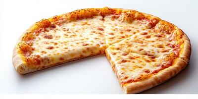 Delicious cheese pizza with a slice missing, showcasing a golden crust and melted cheese photo