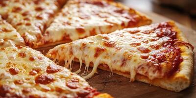 Delicious pizza slices topped with melted cheese and pepperoni on a wooden board ready to be served at a casual dining setting photo