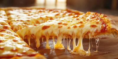 Delicious cheesy pizza slice being pulled away from the whole pizza on a wooden table photo