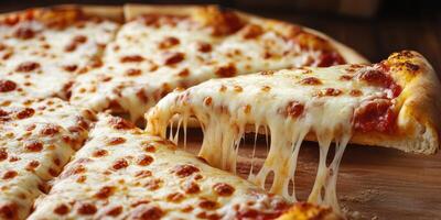 Delicious cheesy pizza with bubbling crust served on a wooden table photo
