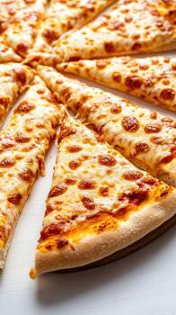 queso Pizza rebanadas arreglado en un circular modelo en un de madera servicio tablero en un casual comida ajuste foto