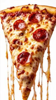 Delicious pepperoni pizza slice with gooey cheese melting from the crust in a warm setting photo