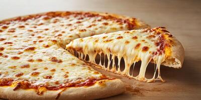 Delicious cheese pizza with gooey melted cheese and crispy crust on a wooden surface photo