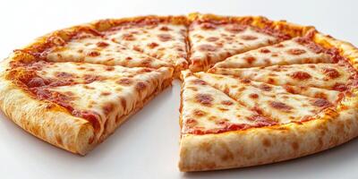 Freshly baked cheese pizza with a crispy crust sliced into equal pieces ready to serve photo