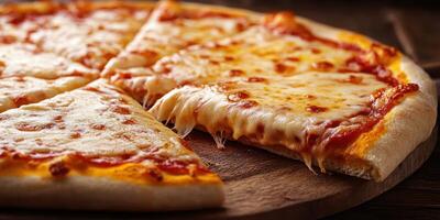 Delicious cheesy pizza served on a wooden board creating a mouth-watering appeal at a cozy eatery in the evening photo