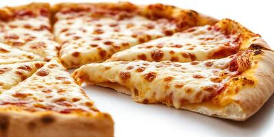 Freshly baked cheese pizza served on a wooden table with one slice removed photo