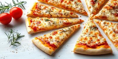 Delicious pizza slices garnished with fresh herbs and tomatoes ready to serve in a vibrant kitchen setting photo