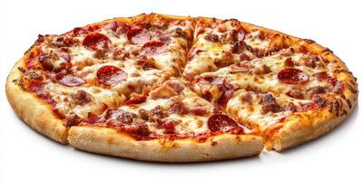 Delicious pepperoni and sausage pizza served hot, ready to satisfy cravings at any time of day photo