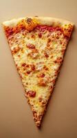 Delicious slice of cheese pizza with golden crust and rich tomato sauce on a neutral background photo