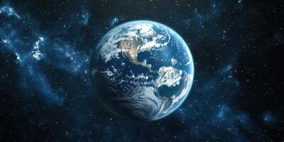 Beautiful view of Earth in space highlighting oceans and continents against a starry backdrop photo