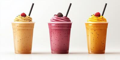 Refreshing smoothie cups filled with vibrant flavors and topped with fresh berries for a delightful treat photo