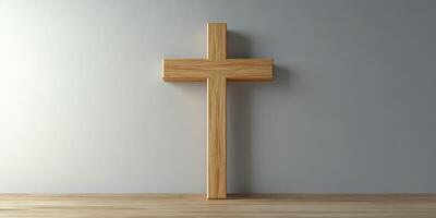 Wooden cross displayed on a simple table against a gray wall in a serene environment photo
