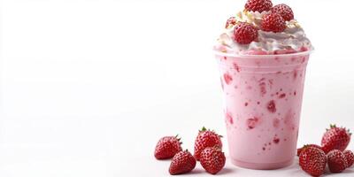 Refreshing strawberry milkshake topped with whipped cream and fresh strawberries on a bright background photo