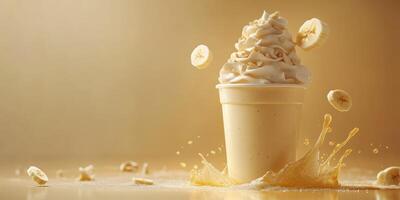 Delicious banana-flavored creamy dessert served in a cup with banana slices and caramel drizzle on a golden background photo