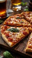 Freshly baked pizza slices topped with basil on a wooden serving board in a cozy restaurant setting photo