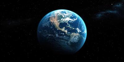 Earth viewed from space showcasing vibrant colors and vast oceans while stars twinkle in the background photo