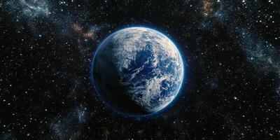 Earth viewed from space displaying its blue oceans and swirling clouds against a backdrop of stars and galaxies photo