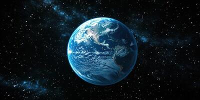 Earth viewed from space against a backdrop of stars and galaxies during a clear cosmic night photo
