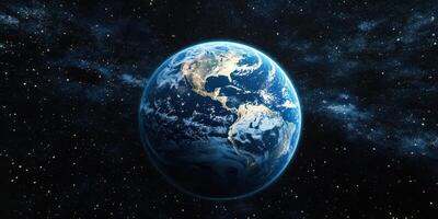 Earth viewed from space showing blue oceans, white continents, and celestial surroundings in a clear cosmic backdrop photo