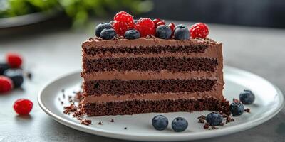 Delicious chocolate cake with fresh berries on a white plate in a cozy kitchen setting photo