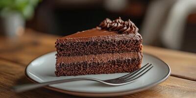Rich chocolate cake slice served on a plate with fork on a wooden table in a cozy setting photo