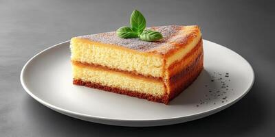 Delicious layered cake served on a minimalist plate garnished with fresh basil at a modern kitchen setting photo