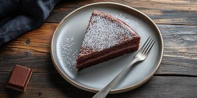 Chocolate cake slice served on a rustic plate with fork and chocolate square nearby in a cozy setting photo