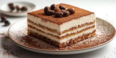 Delicious tiramisu cake served on a plate with coffee beans and cocoa powder sprinkled on top photo